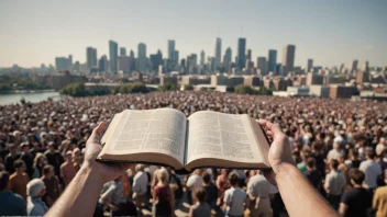 En person som holder en bibel, med en bysilhuett eller en folkemengde i bakgrunnen.