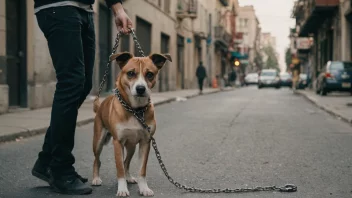 En person holder en kjette og en hund, og illustrerer handlingen å binde eller å feste noe.