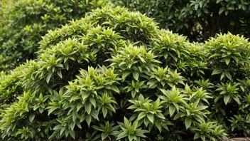 En Grydd-busk eller shrub med grønne blader og grener, omgitt av andre planter og blomster i en hage eller park.