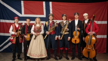 En gruppe musikere fra ulike regioner i Norge, hver iført tradisjonelle klær og holder instrumenter.