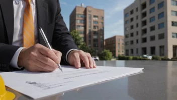 En person som signerer en kontrakt med en bygning i bakgrunnen.