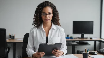 Et bilde av en person i en overvåkende eller administrativ rolle, muligens med en clipboard eller en datamaskin, i en arbeidsmiljø.