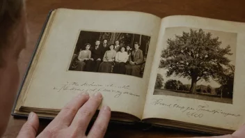 En person sitter på en sofa og ser på et gammelt familiefotoalbum. I bakgrunnen er det et stort familietre med mange navn og datoer.