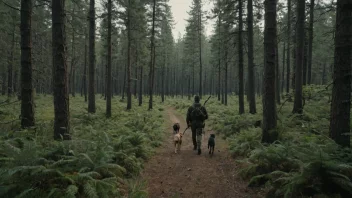 Et naturskjønt landskap med en jeger i bakgrunnen, med en rifle på ryggen og en hund ved siden av.