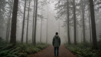 En person som står i en tåkete skog, symboliserer den uklare eller forvirrende situasjonen som beskrives av ordet lugum.