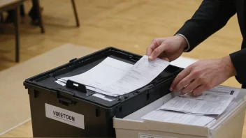 En person som teller stemmer, med en stemmeboks og stemmesedler i bakgrunnen.