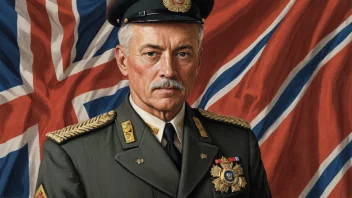 En brigadegeneral i den norske hæren, iført gallauniform med medaljer og insignier, stående foran et norsk flagg.