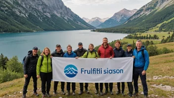 En gruppe mennesker i utendørsutstyr, som representerer en friluftslivsorganisasjon, står foran et naturskjønt landskap.