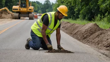 En veiarbeider i gul vest og hardhatt, som jobber på en veibyggingsplass.