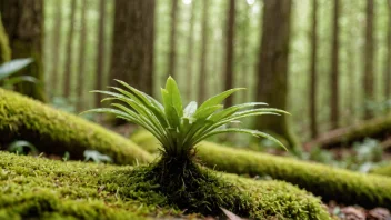 Et nærbilde av en mosetakplante med små blader og stammer, som vokser på en trestamme i en skog.