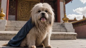 En Lhasa hund med en lang pels, sittende foran et tibetansk tempel