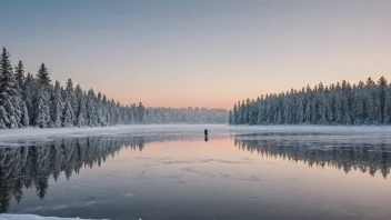 En fredelig vinter scene med en person som isfisker på en frossen innsjø.