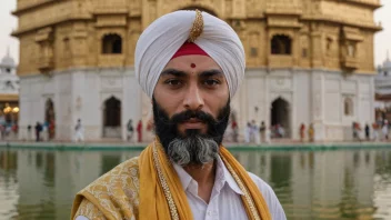 En sikh i tradisjonell klær, med turban og skjegg, står foran Det gylne tempelet i Amritsar, India.