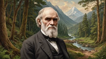 Et portrett av Charles Darwin, en britisk naturforsker, med en bakgrunn av en naturlig omgivelse.