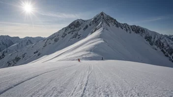 Et fjell med løssnø og en skiløper i bakgrunnen.