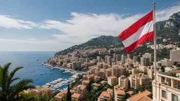 Et naturskjønt bilde av Monaco med nasjonalflagget som vifter i forgrunnen.