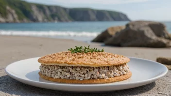 Et tradisjonelt norsk sandmelet på en tallerken, med en strand i bakgrunnen.