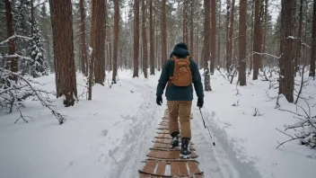 En person som går på truger i en snødekt skog.