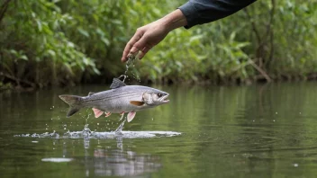 En person som fanger en fisk eller et dyr i en naturlig setting.