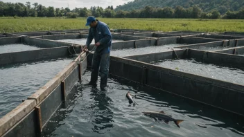 En person som arbeider på en fiskefarm, med fisk som svømmer i bakgrunnen.