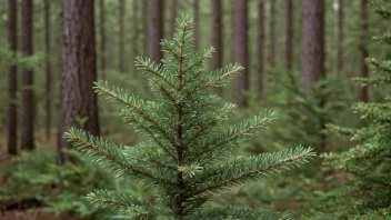 En granbusk i en skog, med busken som hovedfokus i bildet.