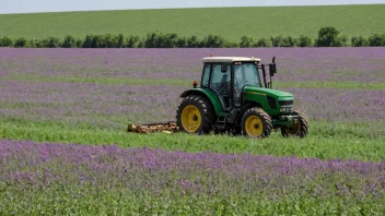 En åker med lusernplanter med lilla blomster, med en traktor i bakgrunnen