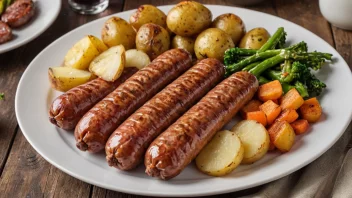 En deilig norsk matrett, basting, laget med en fylt og stekt pølse, servert med kokte poteter og dampede grønnsaker.