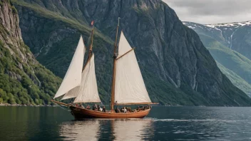 En tradisjonell norsk snurrevadbåt seiler på en rolig fjord, omgitt av fjell og trær.