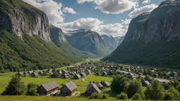 En malerisk dal i Norge med en liten landsby og omkringliggende fjell.