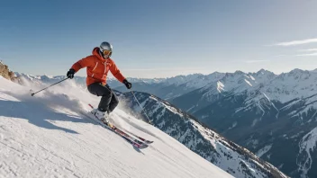 En person som flyr nedover en bakke på ski, med et fjellandskap i bakgrunnen.