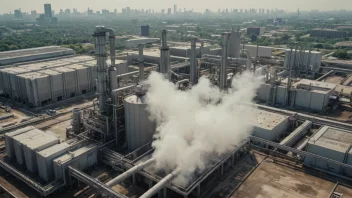 Et bilde av en fabrikk eller industriell prosess med et stort filtreringssystem eller rengjøringsutstyr, med en by eller naturlig miljø i bakgrunnen.