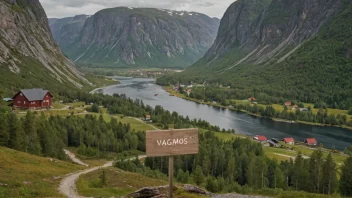 Et malerisk landskap av en norsk dal eller landsby med et skilt eller et kart som viser navnet Vågåmos