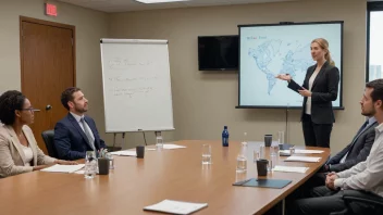 En person står foran en whiteboard og presenterer et forslag til en gruppe mennesker som sitter rundt et bord i et møterom.