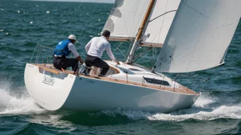 En Soling-seilbåt med et hvitt seil og en blå skrog, som seiler på en rolig sjø med noen bølger.