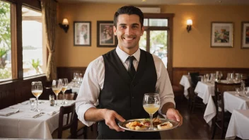 En kelner på en restaurant, som serverer kunder med et smil.