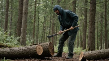 En tømmerhogger i en skog, som feller et tre med en øks