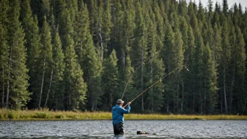 En person som fisker med en snurpenotfiske i en norsk innsjø eller elv, omgitt av fjell og trær.