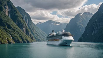 Et pittoreskt bilde av et cruiseskip som seiler gjennom en vakker fjord, omgitt av åndetakende fjell og fossefall.