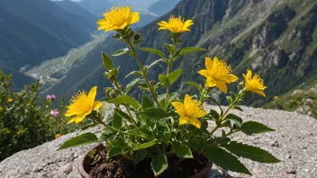 En bergfrueplante med hvite og rosa blomster som vokser i et fjellområde.