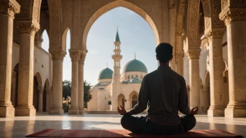 Et fredelig bilde av en person i kontemplasjon, omgitt av symboler fra ulike trosretninger, som formidler ideen om spiritualitet og trobasert livsstil.