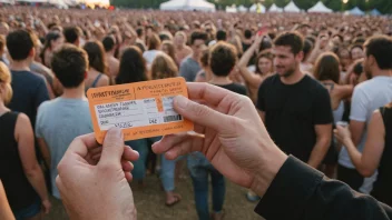 En person som holder en billett, med en folkemengde i bakgrunnen, på en konsert eller festival.