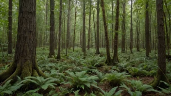 Et lundeliket-økosystem, kjennetegnet av en tett skog med en blanding av treslag og en mangfoldig undervegetasjon.