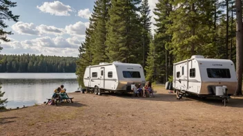 En campingtilhenger med en familie som setter opp leir i en vakker naturlig omgivelse.