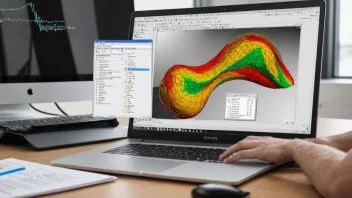 En ingeniør som arbeider på en datamaskin med et program for strukturanalyse, og analyserer trykkfordelingen på et materiale eller en struktur.