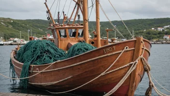 Et norsk fiskefartøy i havnen, med fiskegarn og utstyr synlig på dekket.