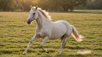 En lys farget hest som løper i en mark.