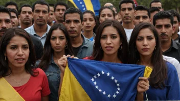 En gruppe mennesker fra Venezuela, med et venezuelansk flagg i bakgrunnen