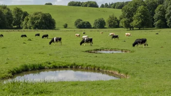 Et fredelig landskap av en grønn eng med noen kyr som beiter og en liten dam i bakgrunnen