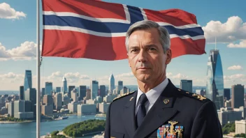 En generalkonsul, kledd i formelt antrekk, står foran en bysilhuett med et norsk flagg som vifter i bakgrunnen.