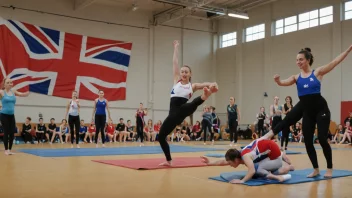 En gruppe mennesker i en gymnastikksal, som gjør gymnastikk og turnøvelser.